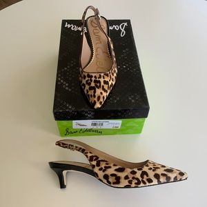 SAM EDELMAN HEELS LEOPARD COW FUR SLINGBACK POINTED TOE
